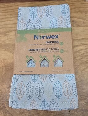 Norwex Blue and Brown Leaf Print Recycled Table Napkins - Set of 4 NIP